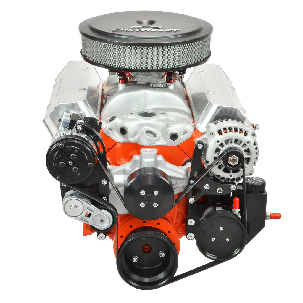 Small Block Chevy Serpentine pulley system. Driver Series Kit with Alternator, A/C and Power Steering, front view by Concept One Pulley Systems