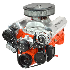 SB Chevy serpentine pulley conversion. 6-rib mid-mount design. Billet pulleys and brackets.