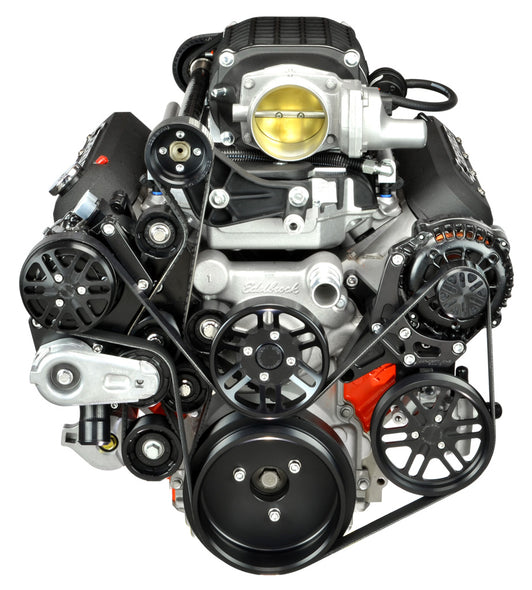 Front view of black anodized accessory drive system on a Chevy LS engine with a Magnuson supercharger