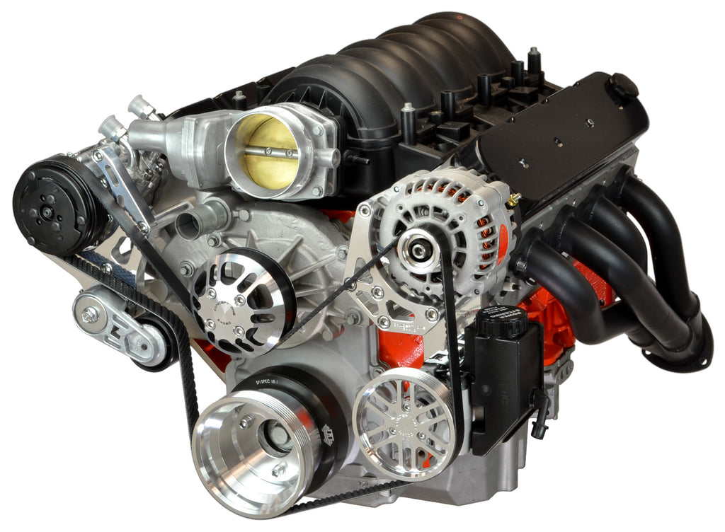 Concept One Pulley Systems: Chevy LS Driver Series Kit with Alternator, A/C and Power Steering, front view angled