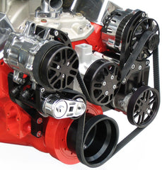 Concept One Pulley Systems: Chevy Small Block Victory Series Kit with Alternator and Power Steering, close up anodized black